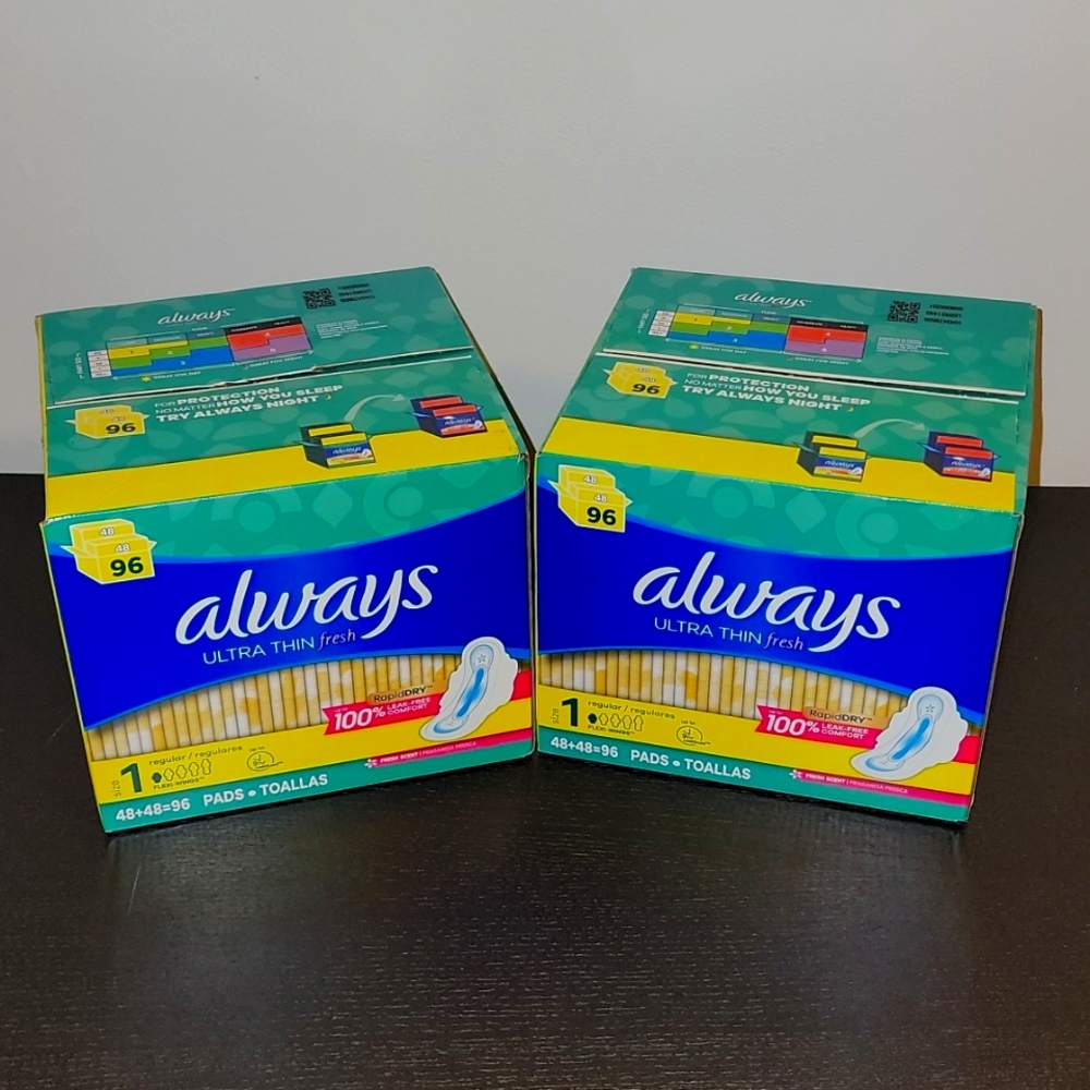 192 Count Always Ultra Thin Maxi 2 boxes of 96= 12 mths protection $65 value